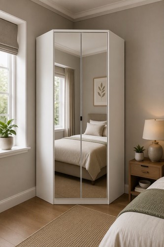 Corner wardrobe white mirrored - wardrobe,